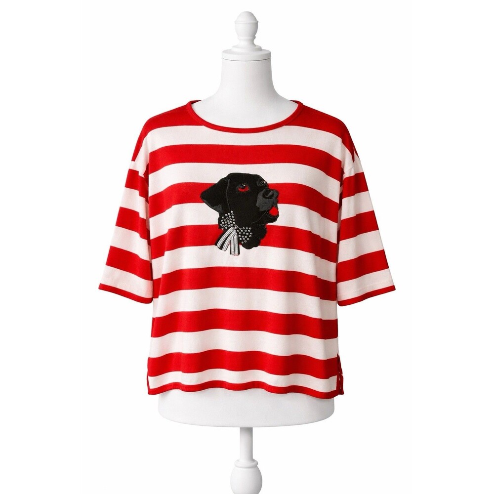 Bua Bua Tunic Top Womens Size M Red White Striped Dog Graphic 3/4 Sleeve
